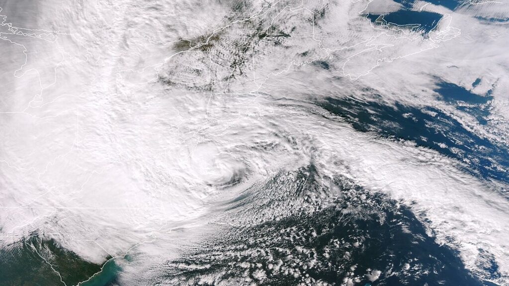 Satellite image of Hurricane Sandy swirling off the East Coast of the United States in October 2012