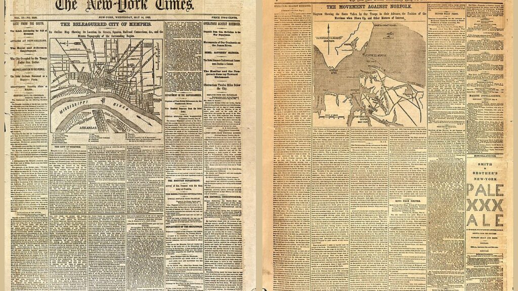 Two 1862 front pages of the New York Times and New York Herald, each with a Civil War battle map