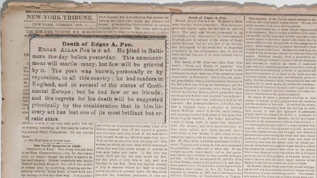 1849 New-York Tribune page with the obituary headline Death of Edgar A. Poe shown enlarged